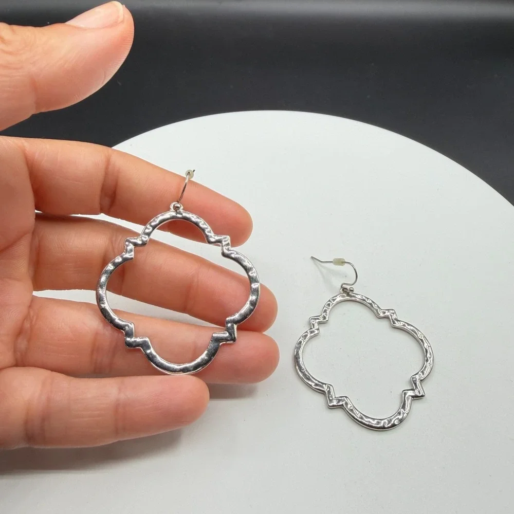 Silver Tone Hammered Quatrefoil Dangle Earrings Large Boho Statement Jewelry